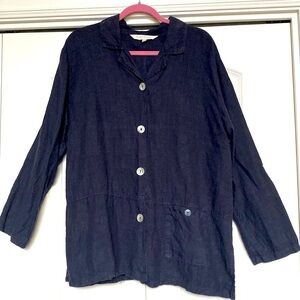 Melrose Studio Linen V-neck button down Tunic Blouse Womens L Navy Lagenlook